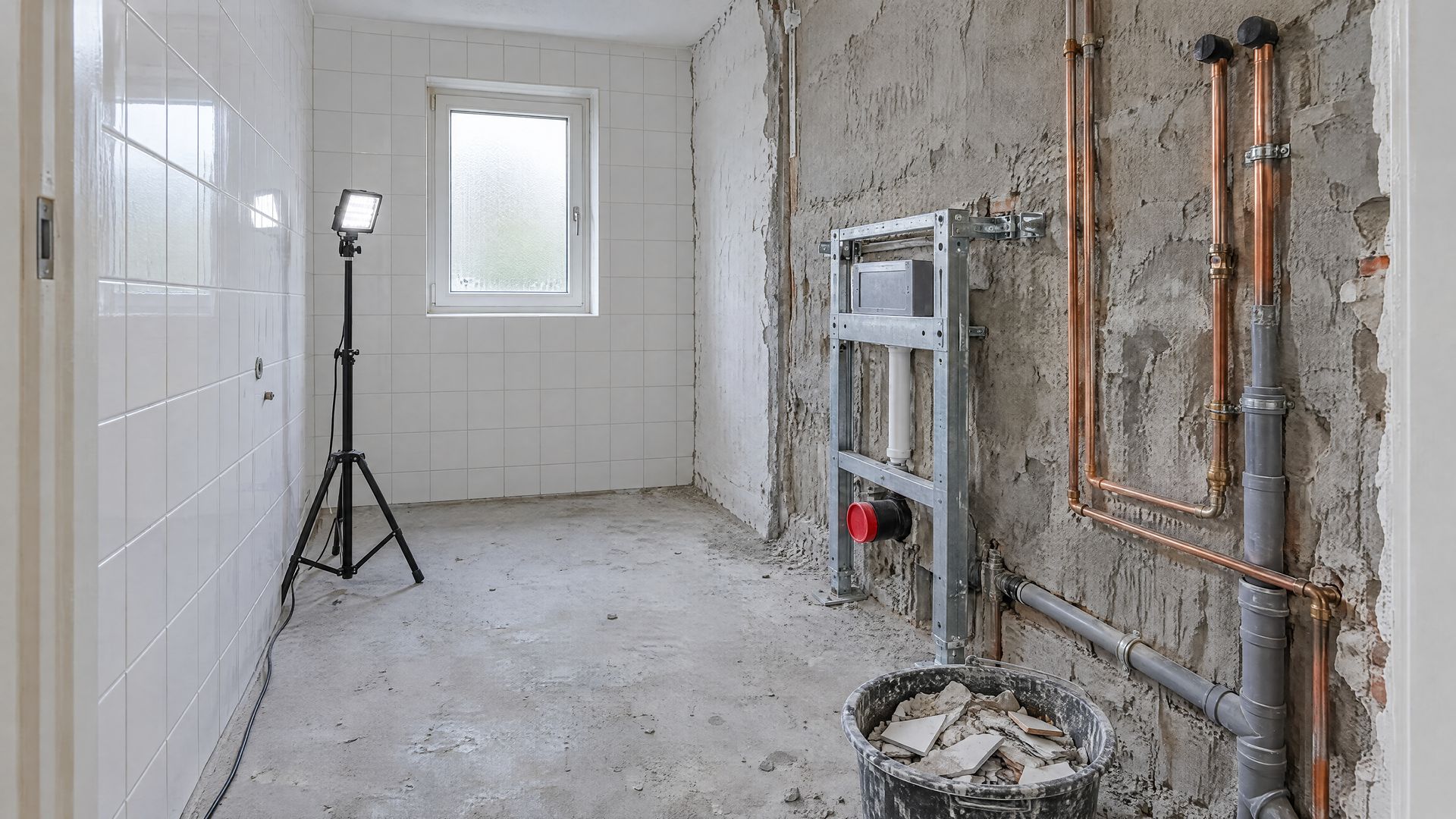 Badkamer in strip-fase met afgedopte leidingen en een kaal inbouwframe
