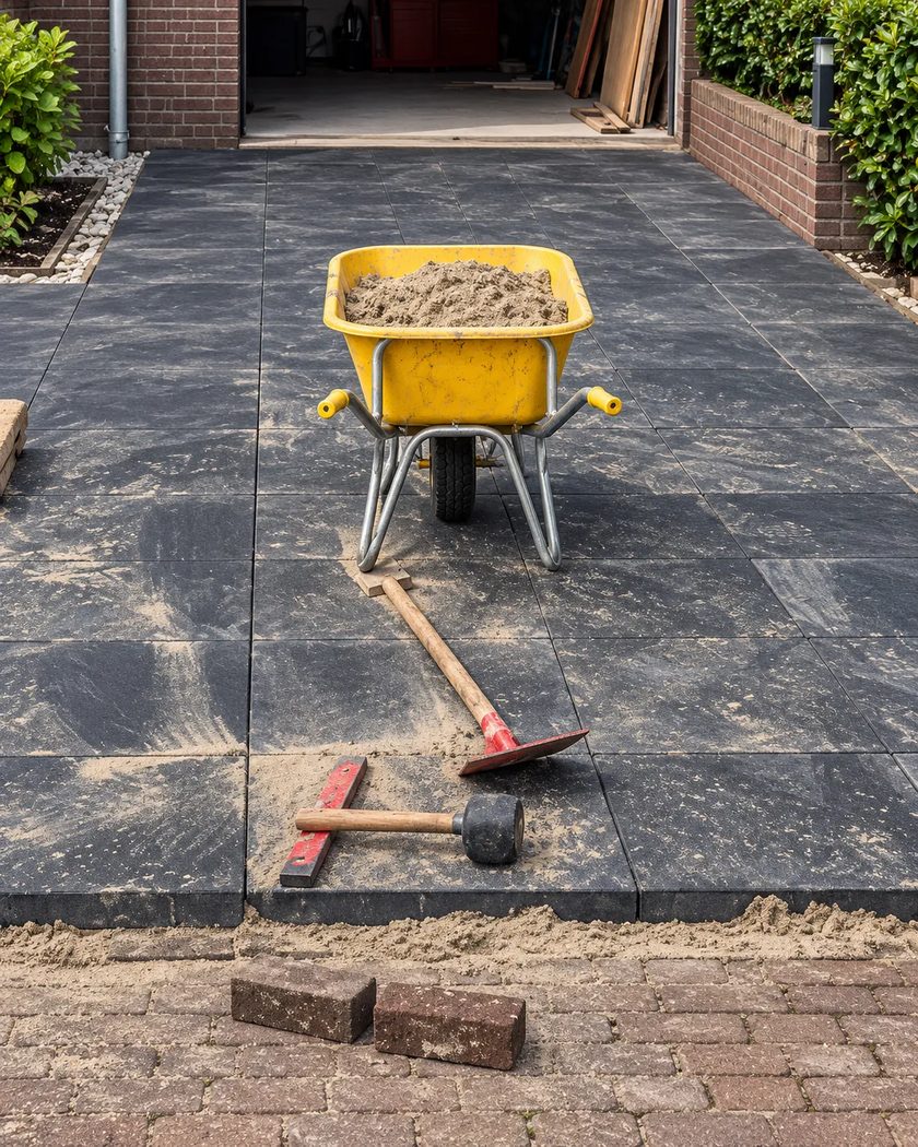 Oprit in voorbereiding voor nieuwe bestrating, met kruiwagen en gereedschap