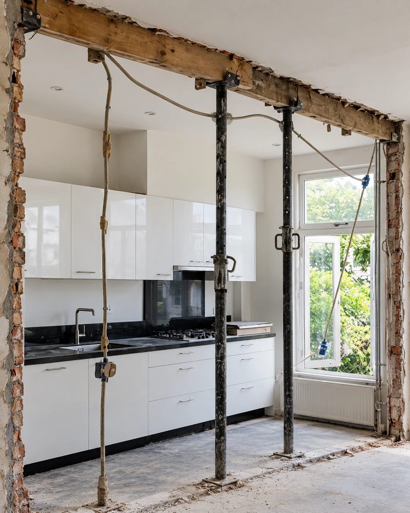 Tijdelijke stempels onder een balk in een woning met keuken