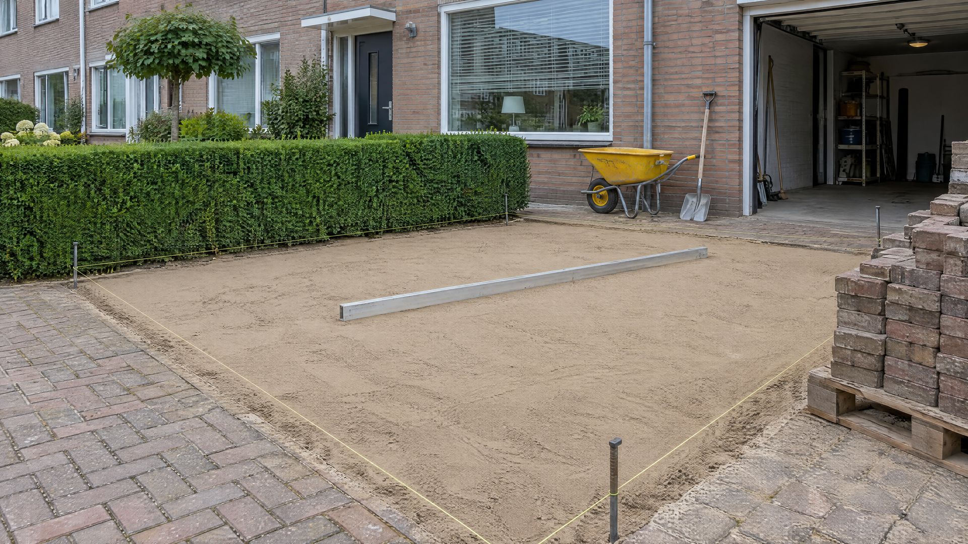Oprit in voorbereiding: afgereid zandbed met richtsnoeren, een pallet klinkers en een kruiwagen