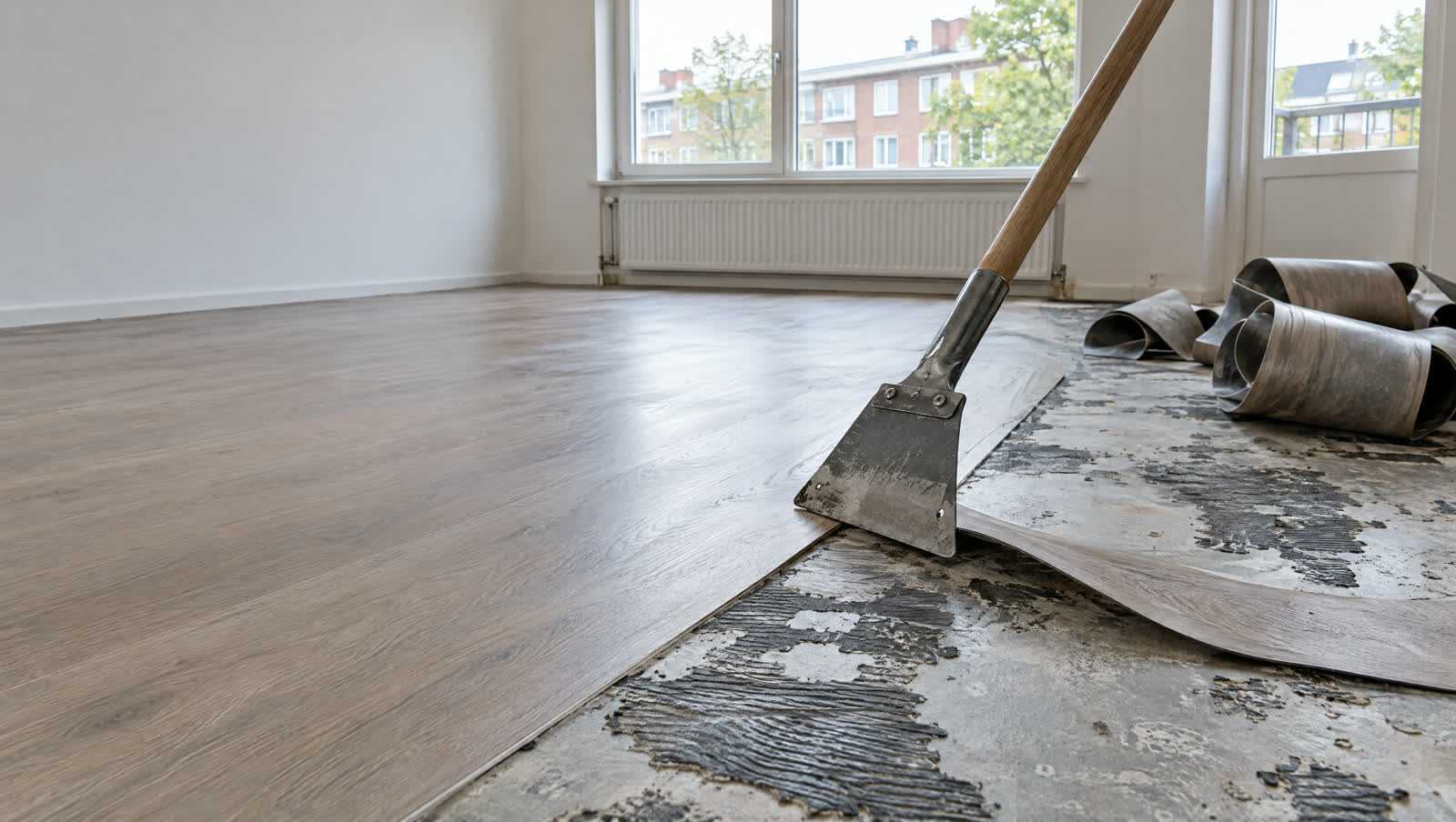 Verlijmde PVC-vloer die met een vloerschraper wordt losgemaakt, met lijmresten op de dekvloer