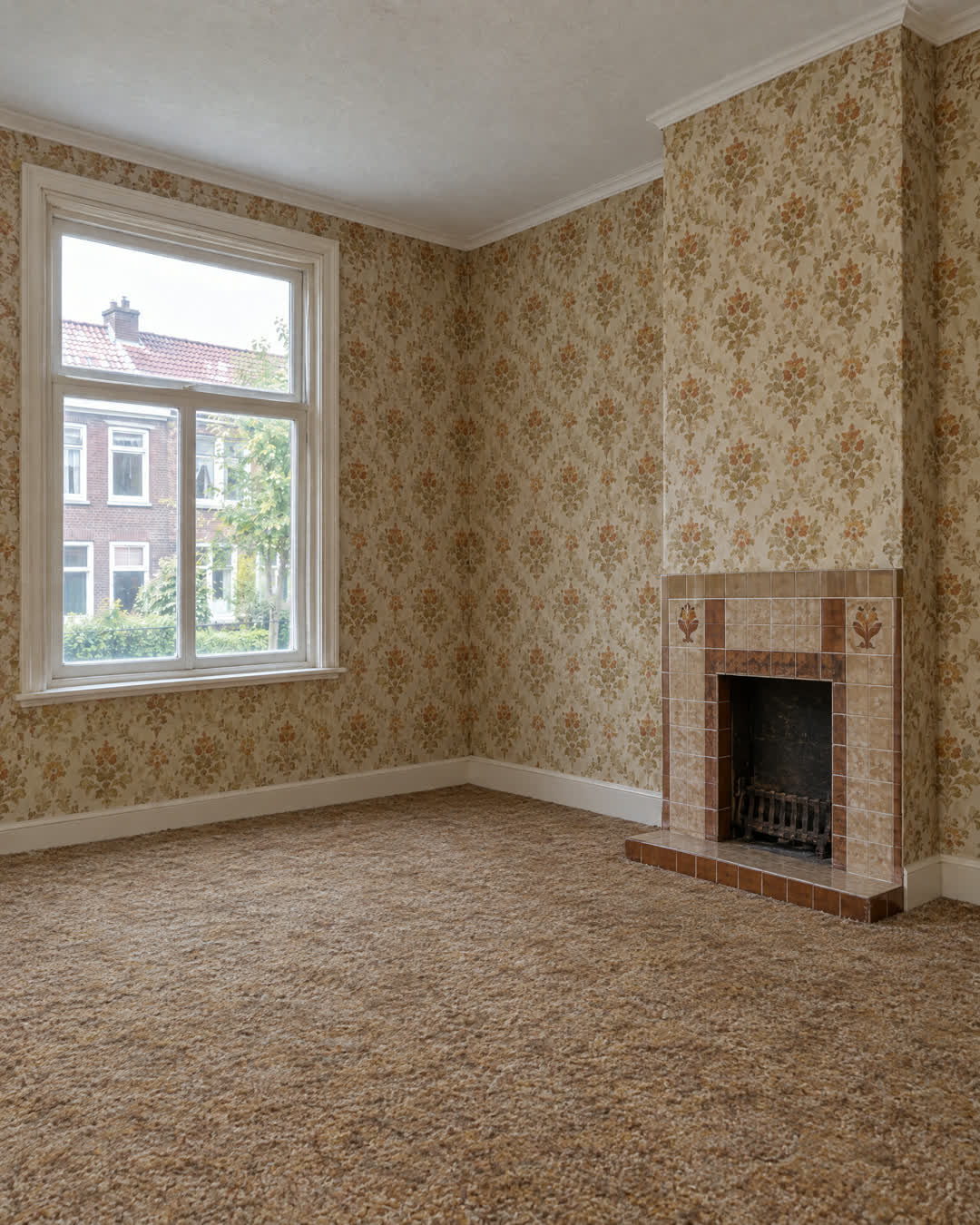 Voor: kamer met oud behang, een tegelschouw en vloerbedekking