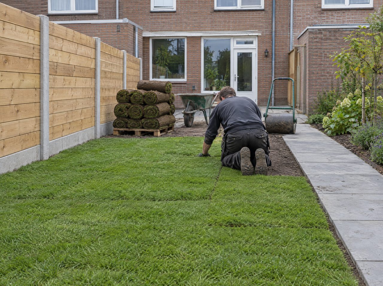 Hovenier legt graszoden in een achtertuin naast een nieuwe schutting en een tegelpad