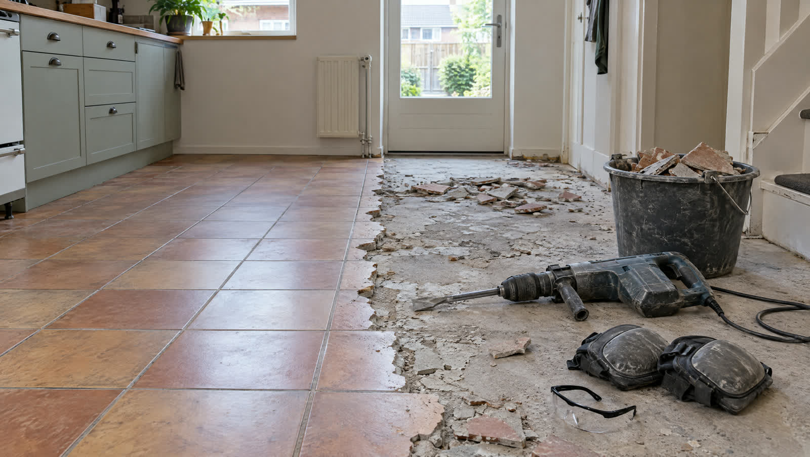 Keukenvloer waar oude vloertegels worden weggehakt, met een emmer tegelscherven en een breekhamer