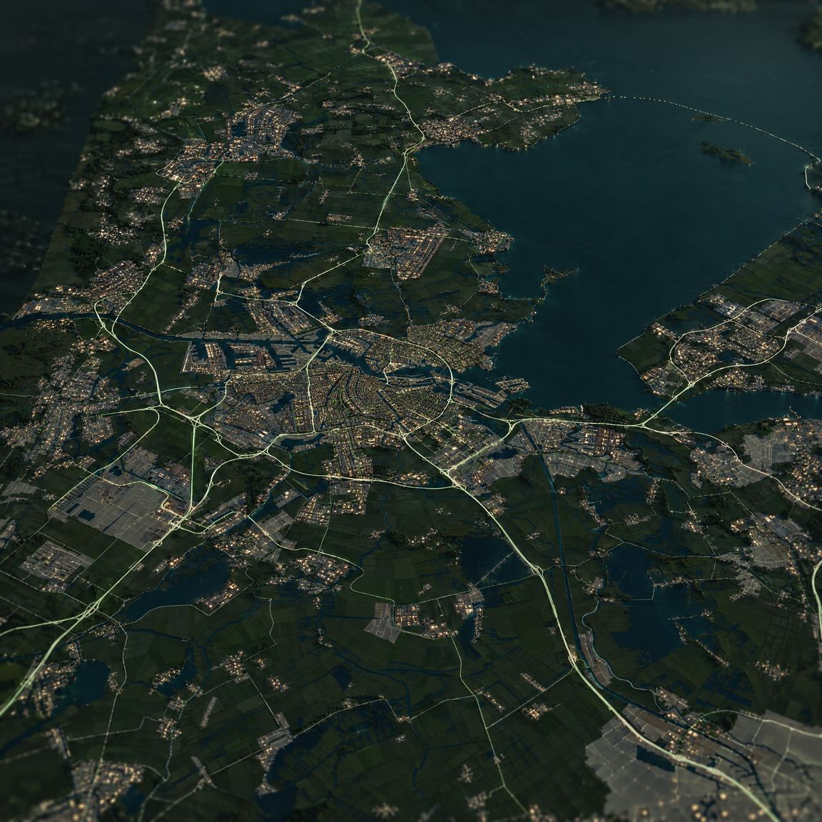 Perspectiefkaart van Amsterdam en omgeving, met Zaandam, Purmerend en aan de overkant van het IJmeer Almere